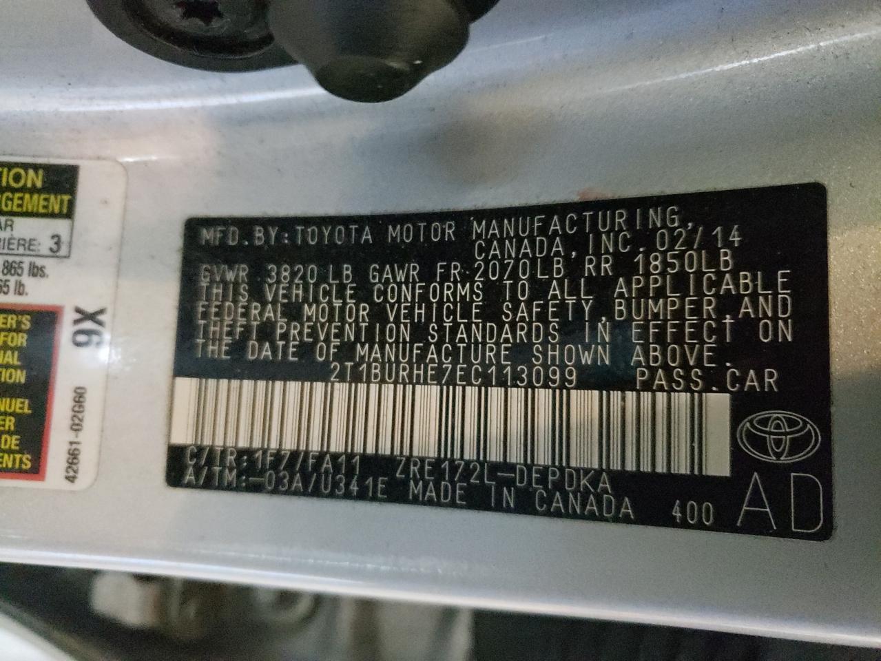 Photo 10 from auction – 2014 TOYOTA COROLLA L with VIN 2T1BURHE7EC113099