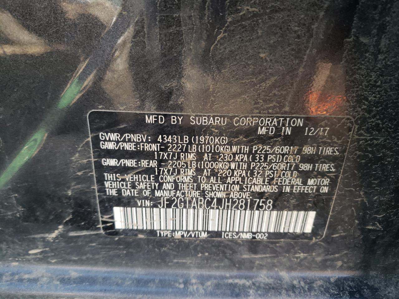 Photo 10 from auction – 2018 SUBARU CROSSTREK with VIN JF2GTABC4JH281758