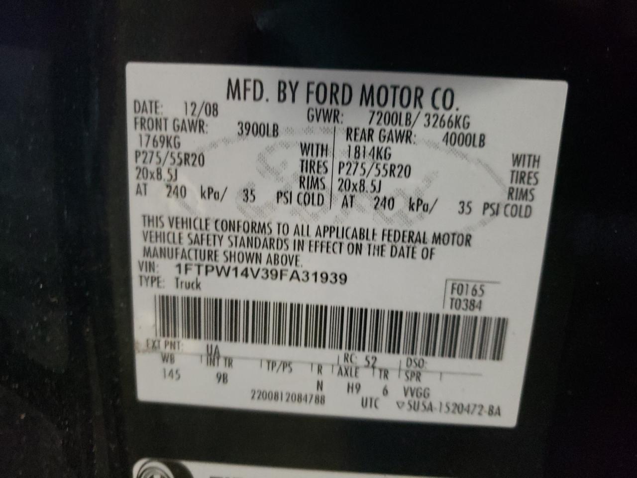 Photo 10 from auction – 2009 FORD F150 SUPER with VIN 1FTPW14V39FA31939