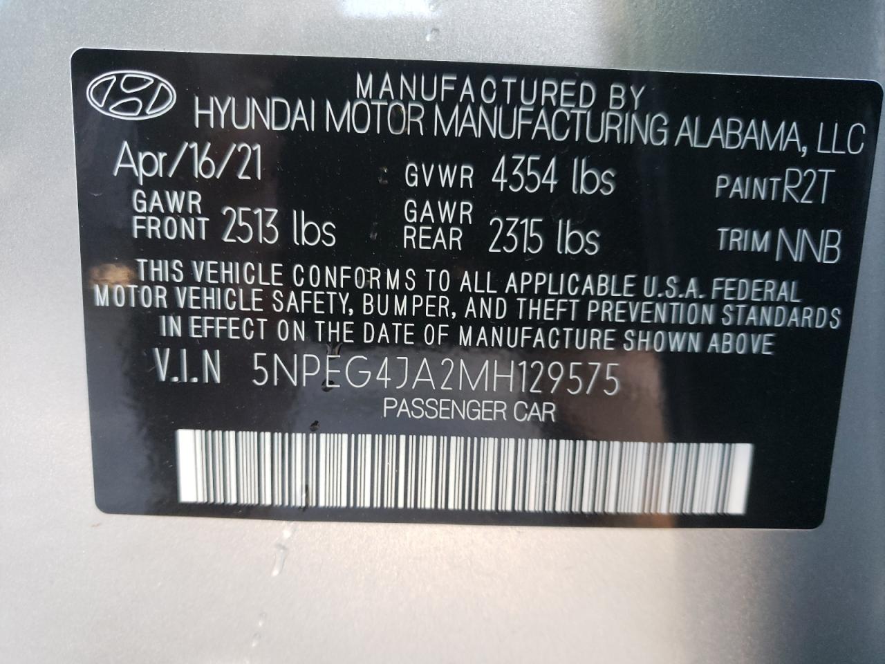 Photo 10 from auction – 2021 HYUNDAI SONATA SE with VIN 5NPEG4JA2MH129575