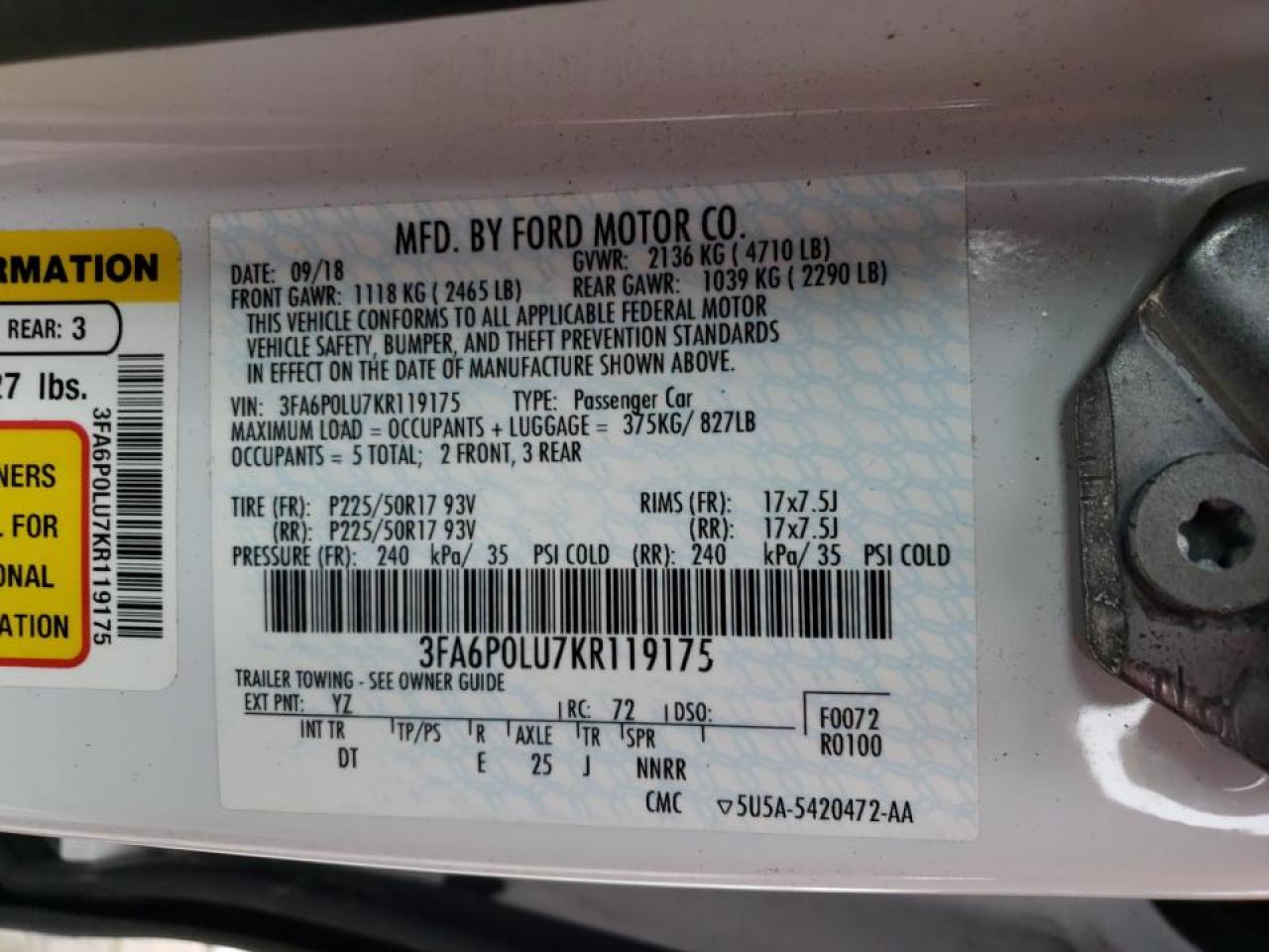 Photo 10 from auction – 2019 FORD FUSION SE with VIN 3FA6P0LU7KR119175