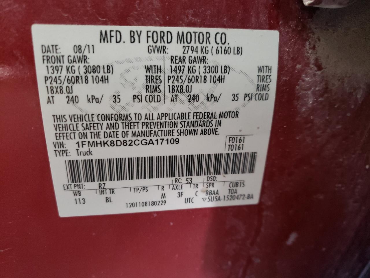 Photo 10 from auction – 2012 FORD EXPLORER X with VIN 1FMHK8D82CGA17109