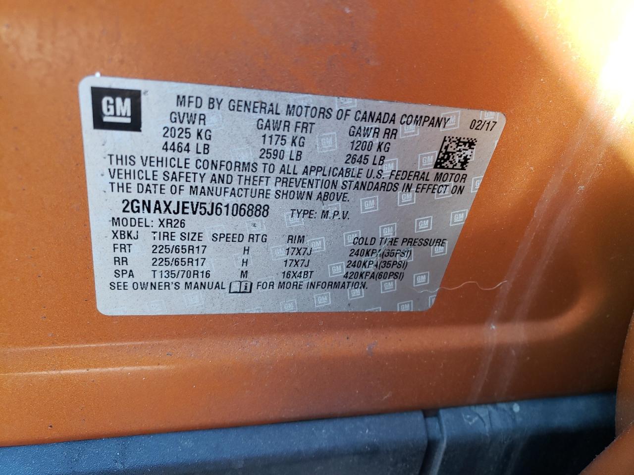 Photo 10 from auction – 2018 CHEVROLET EQUINOX LT with VIN 2GNAXJEV5J6106888