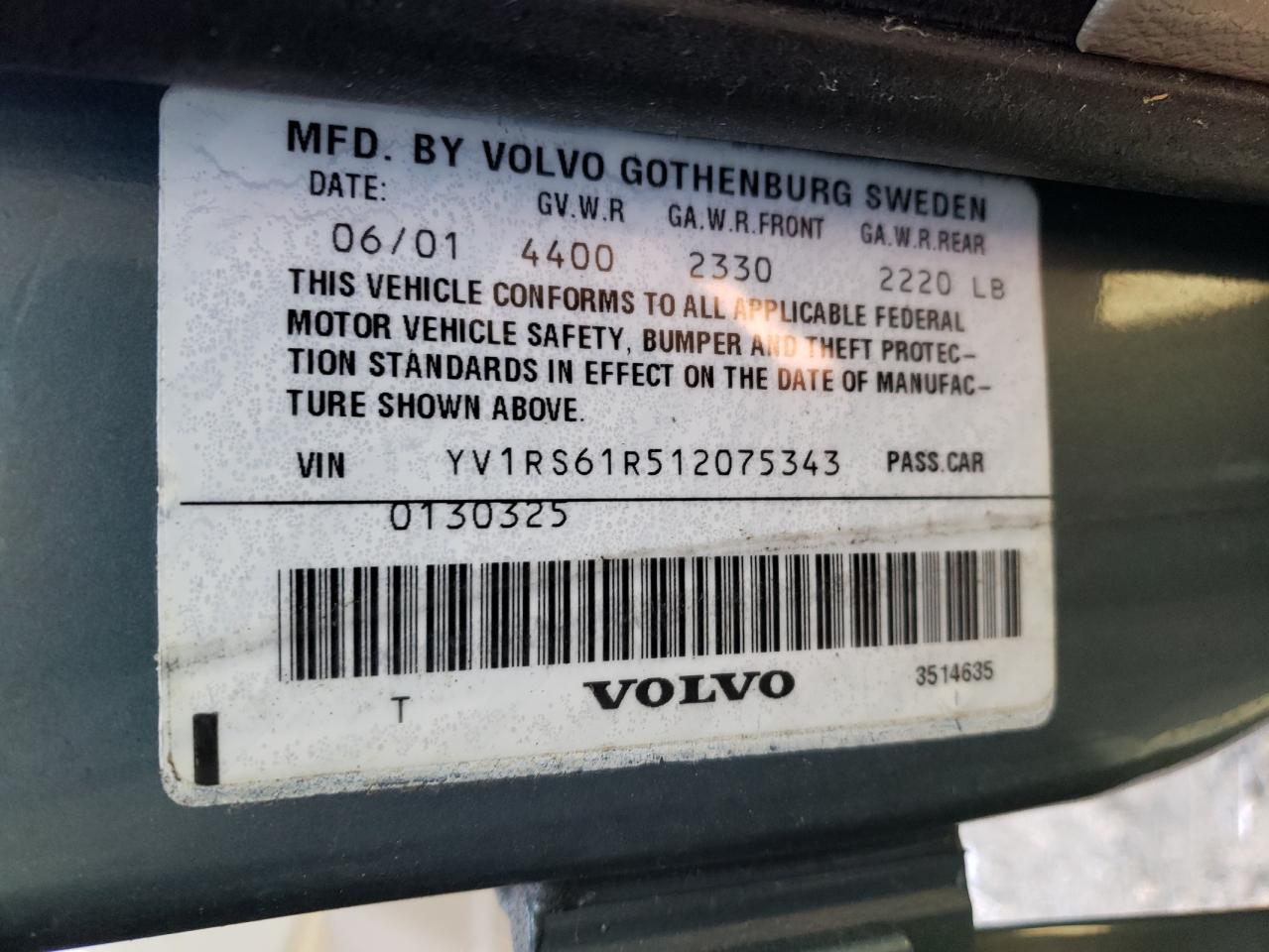 Photo 10 from auction – 2001 VOLVO S60 with VIN YV1RS61R512075343