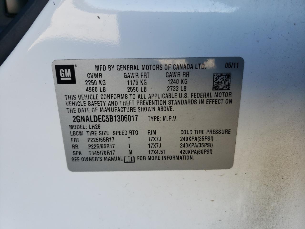 Photo 10 from auction – 2011 CHEVROLET EQUINOX LT with VIN 2GNALDEC5B1306017