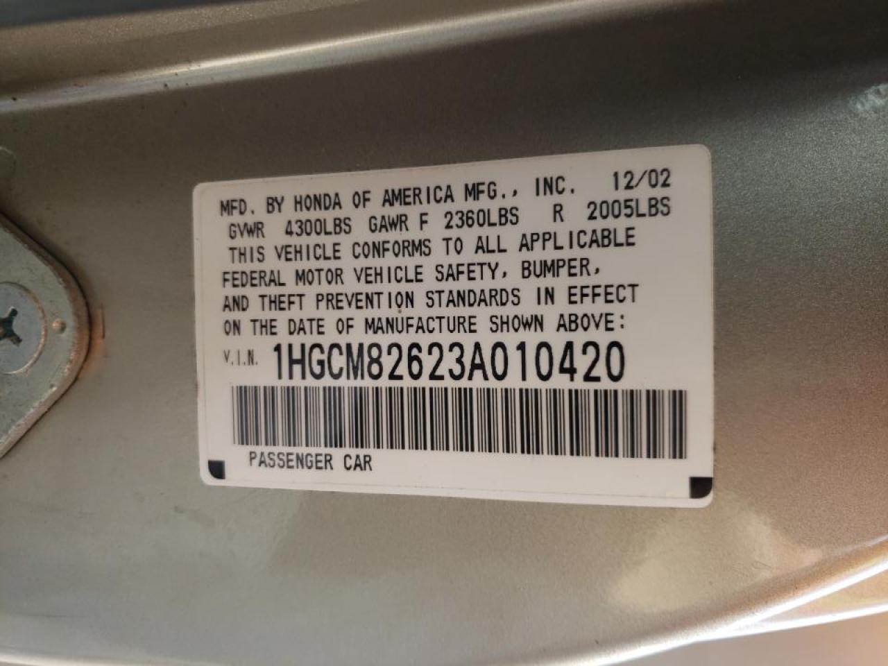 Photo 10 from auction – 2003 HONDA ACCORD EX with VIN 1HGCM82623A010420