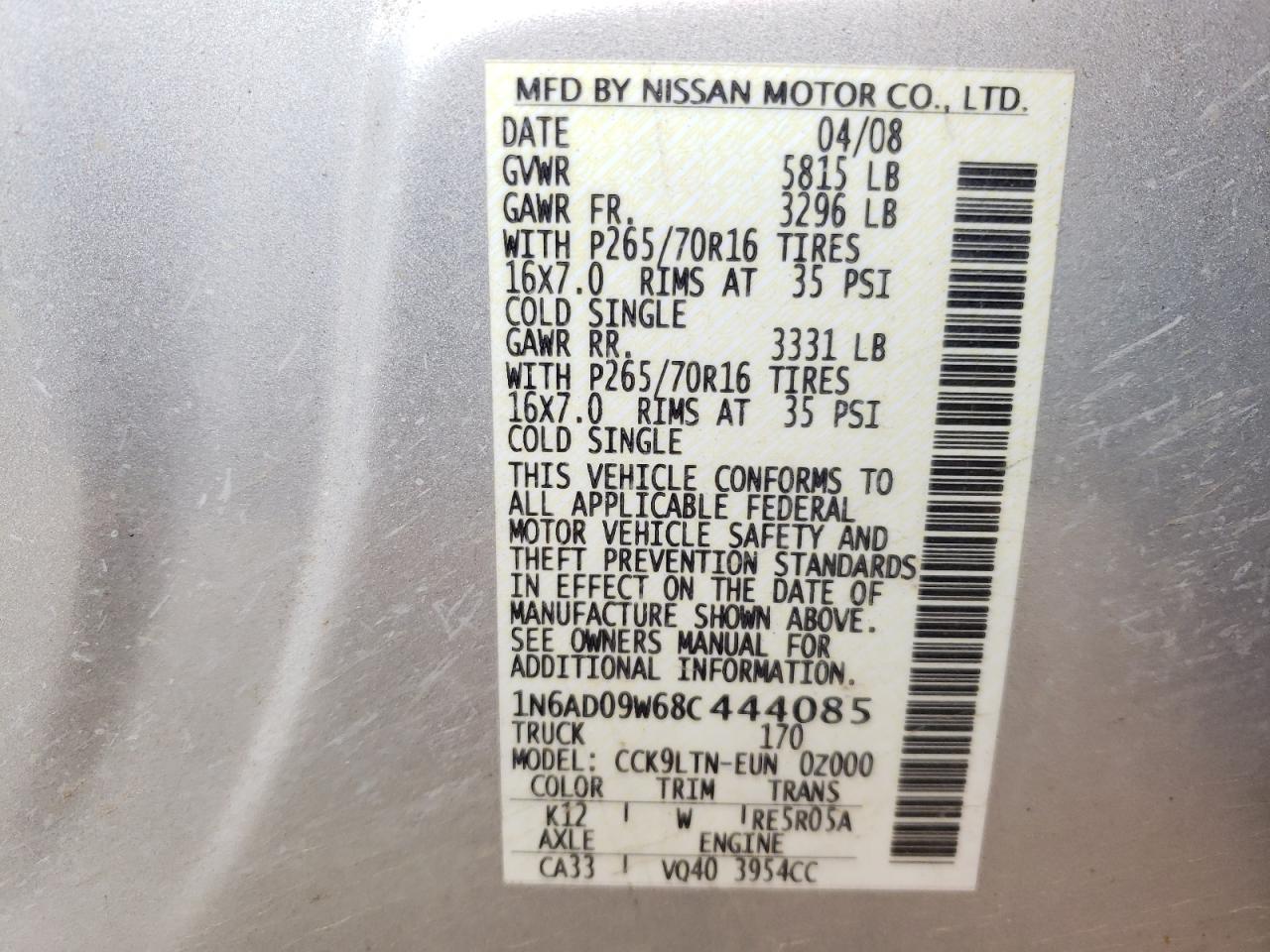 Photo 10 from auction – 2008 NISSAN FRONTIER C with VIN 1N6AD09W68C444085