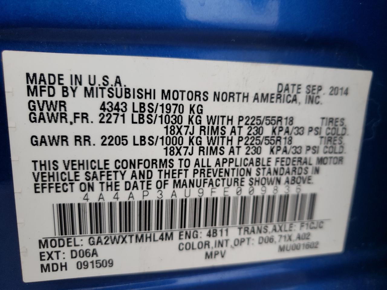 Photo 10 from auction – 2015 MITSUBISHI OUTLANDER with VIN 4A4AP3AU9FE009836