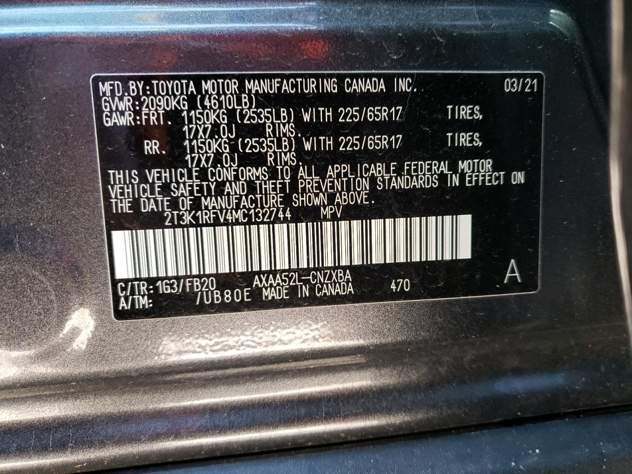 Photo 10 from auction – 2021 TOYOTA RAV4 LE with VIN 2T3K1RFV4MC132744