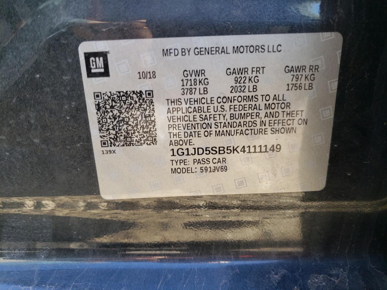Photo 10 from auction – 2019 CHEVROLET SONIC LT with VIN 1G1JD5SB5K4111149