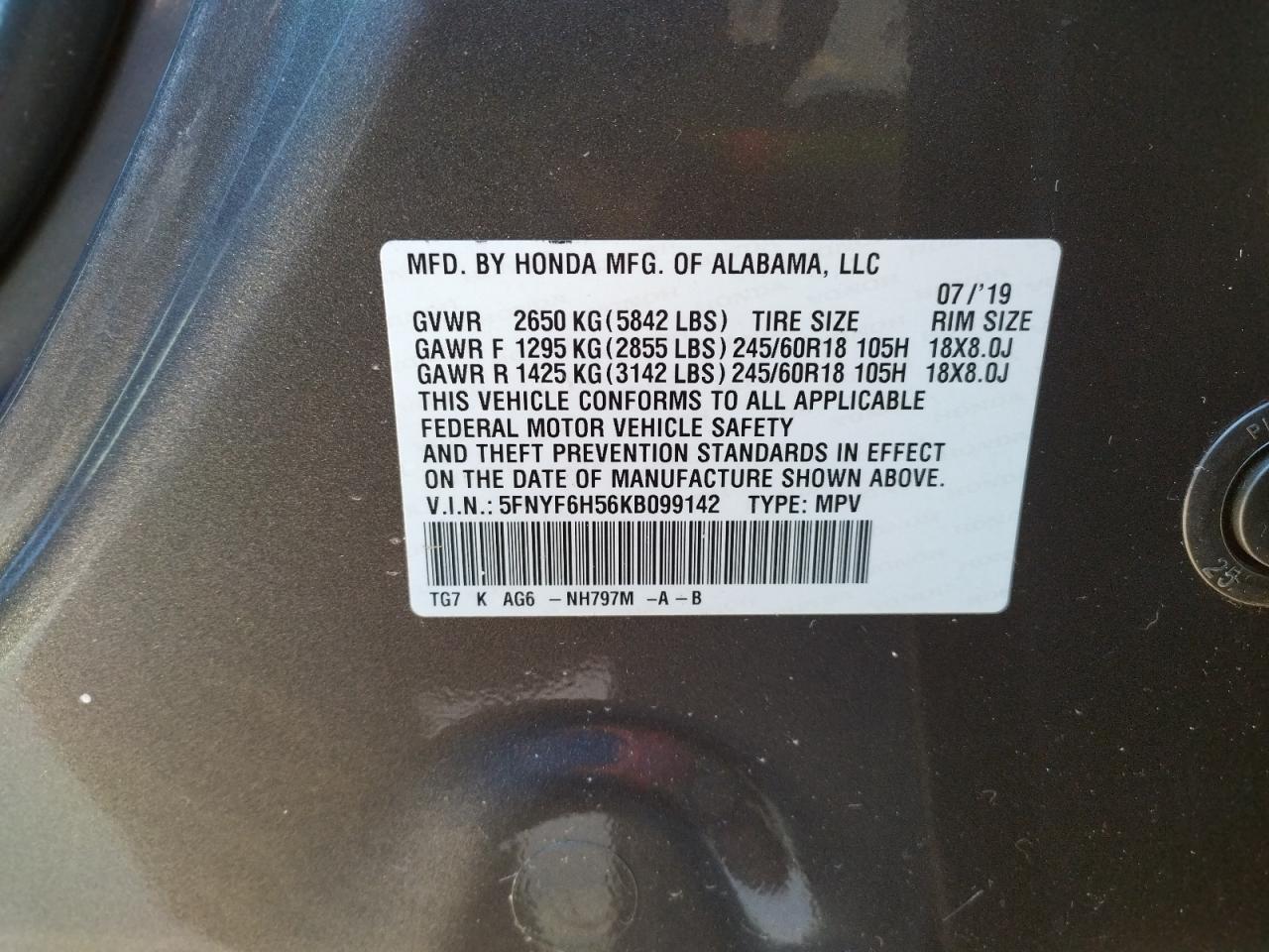 Photo 10 from auction – 2019 HONDA PILOT EXL with VIN 5FNYF6H56KB099142