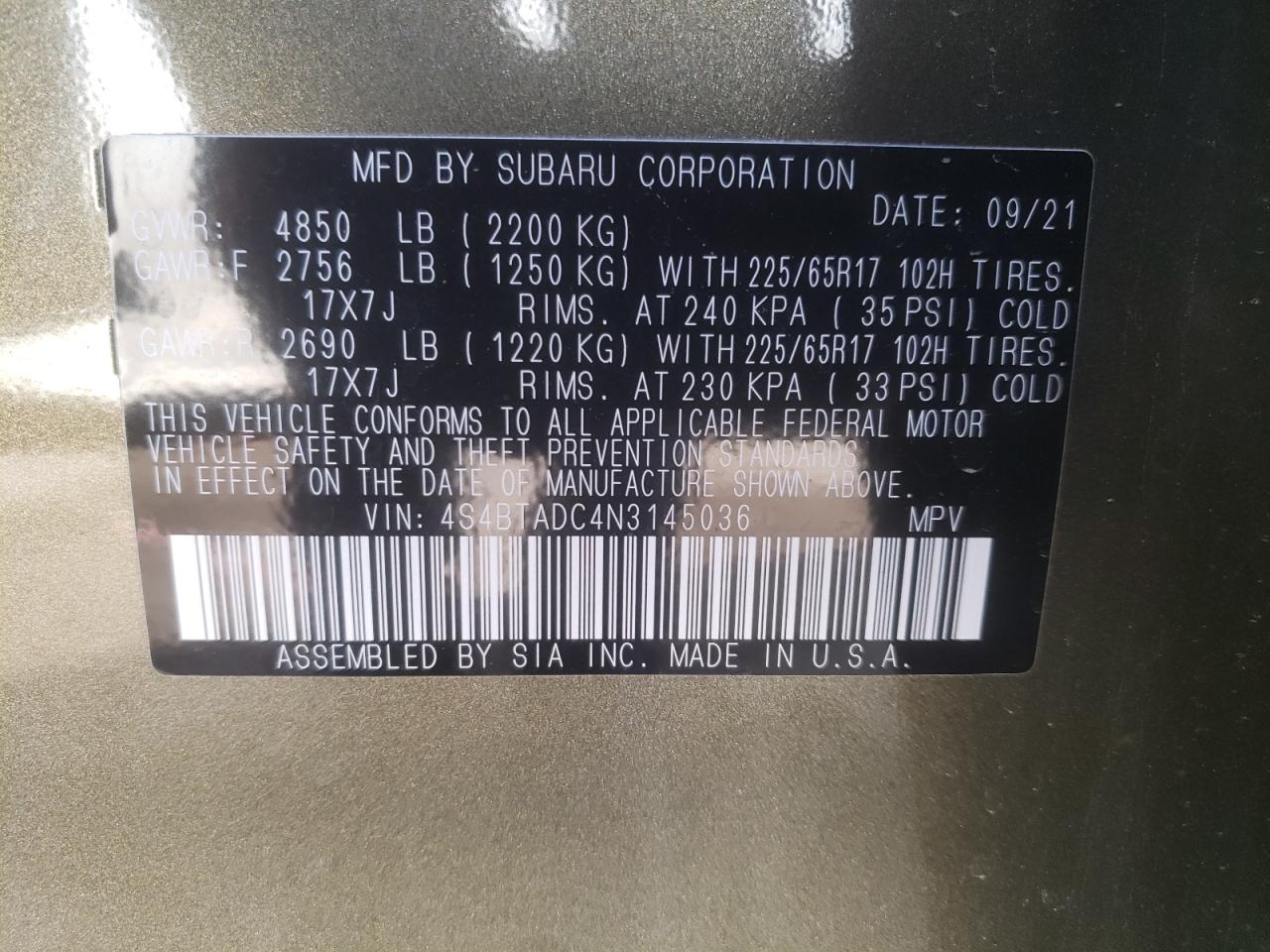 صورة رقم 10 من المزاد - 2022 SUBARU OUTBACK PR مع VIN 4S4BTADC4N3145036