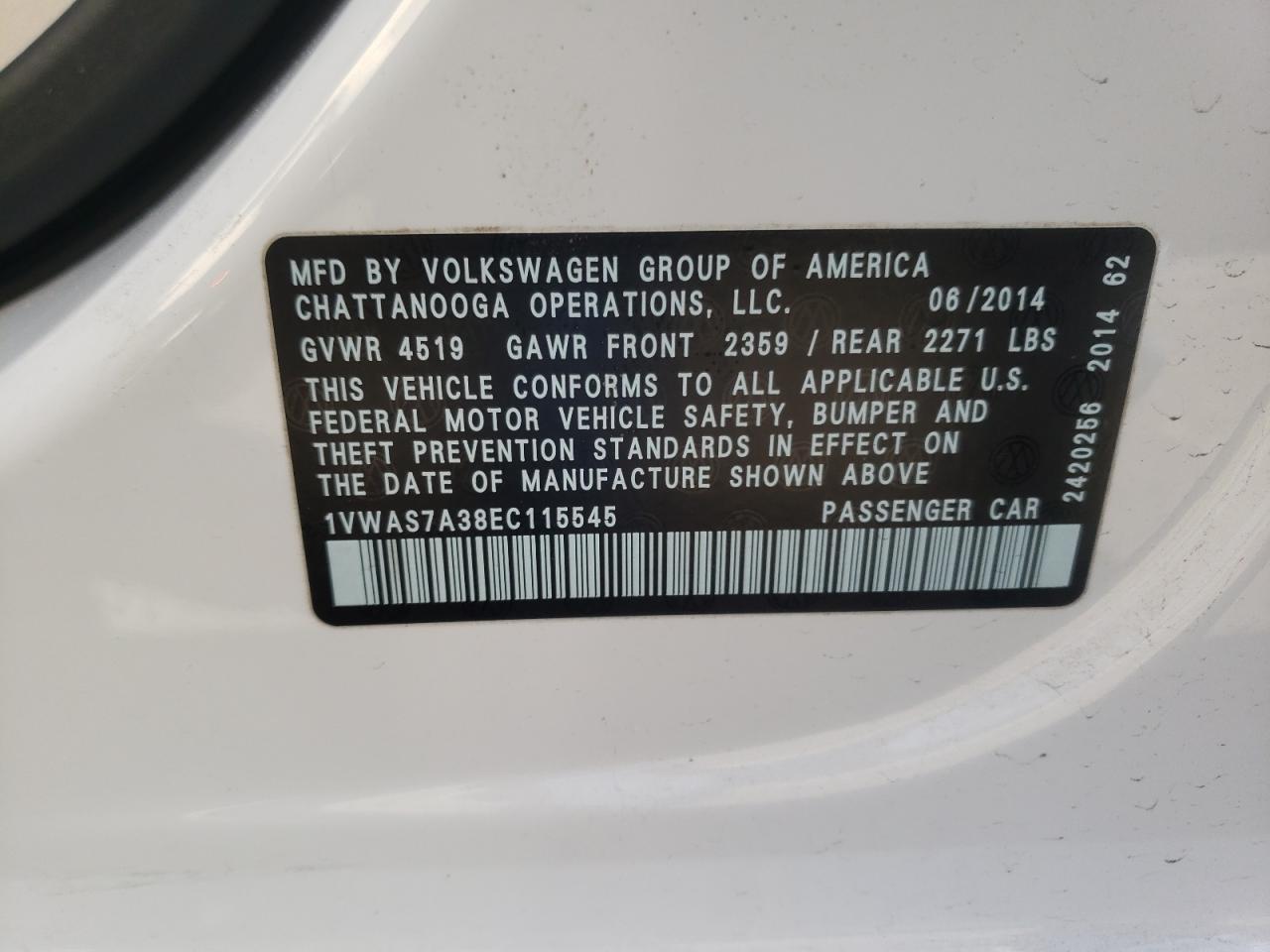 Photo 10 from auction – 2014 VOLKSWAGEN PASSAT S with VIN 1VWAS7A38EC115545