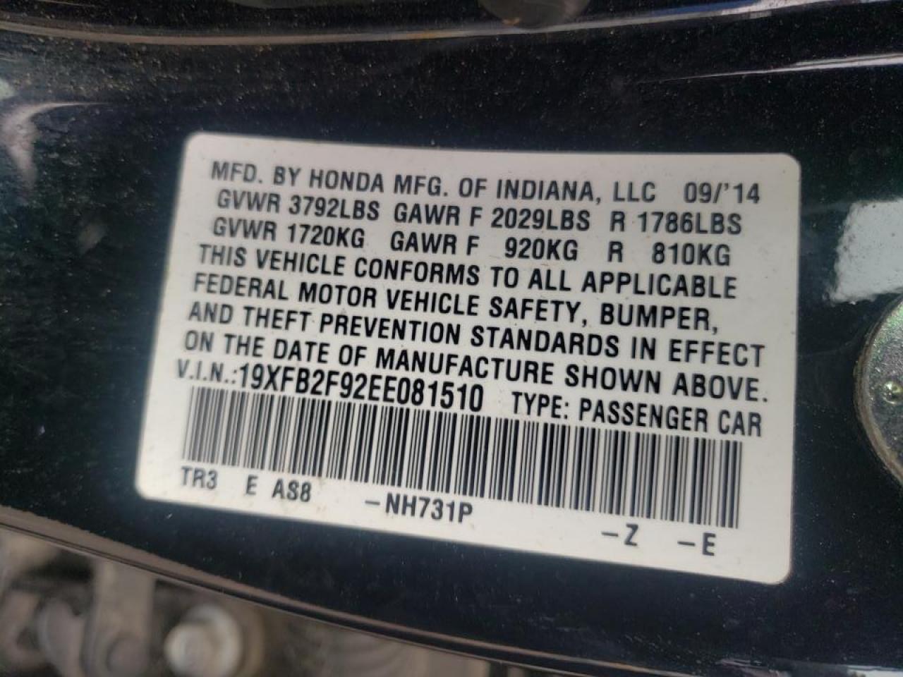 Photo 10 from auction – 2014 HONDA CIVIC EXL with VIN 19XFB2F92EE081510