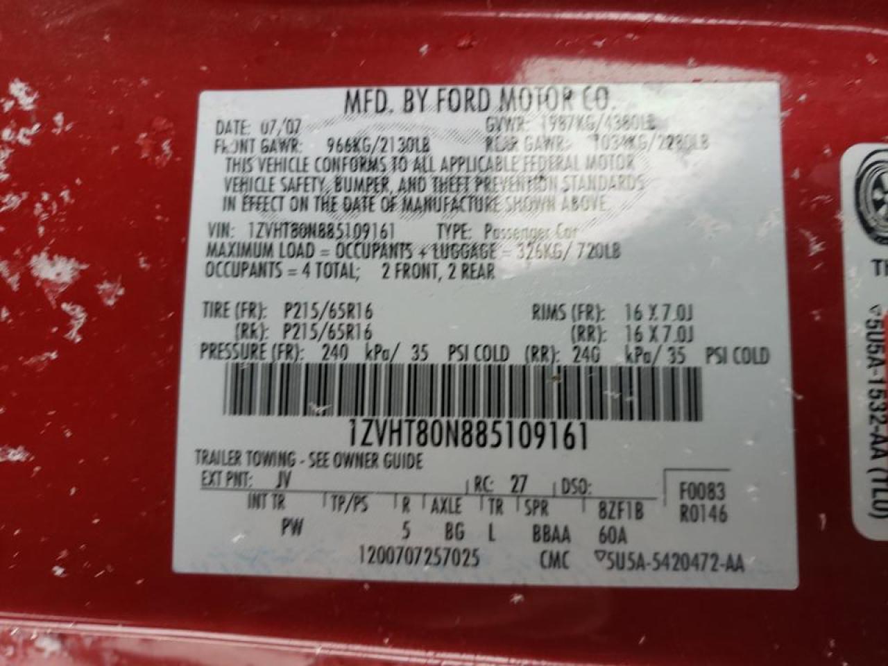 Photo 10 from auction – 2008 FORD MUSTANG with VIN 1ZVHT80N885109161