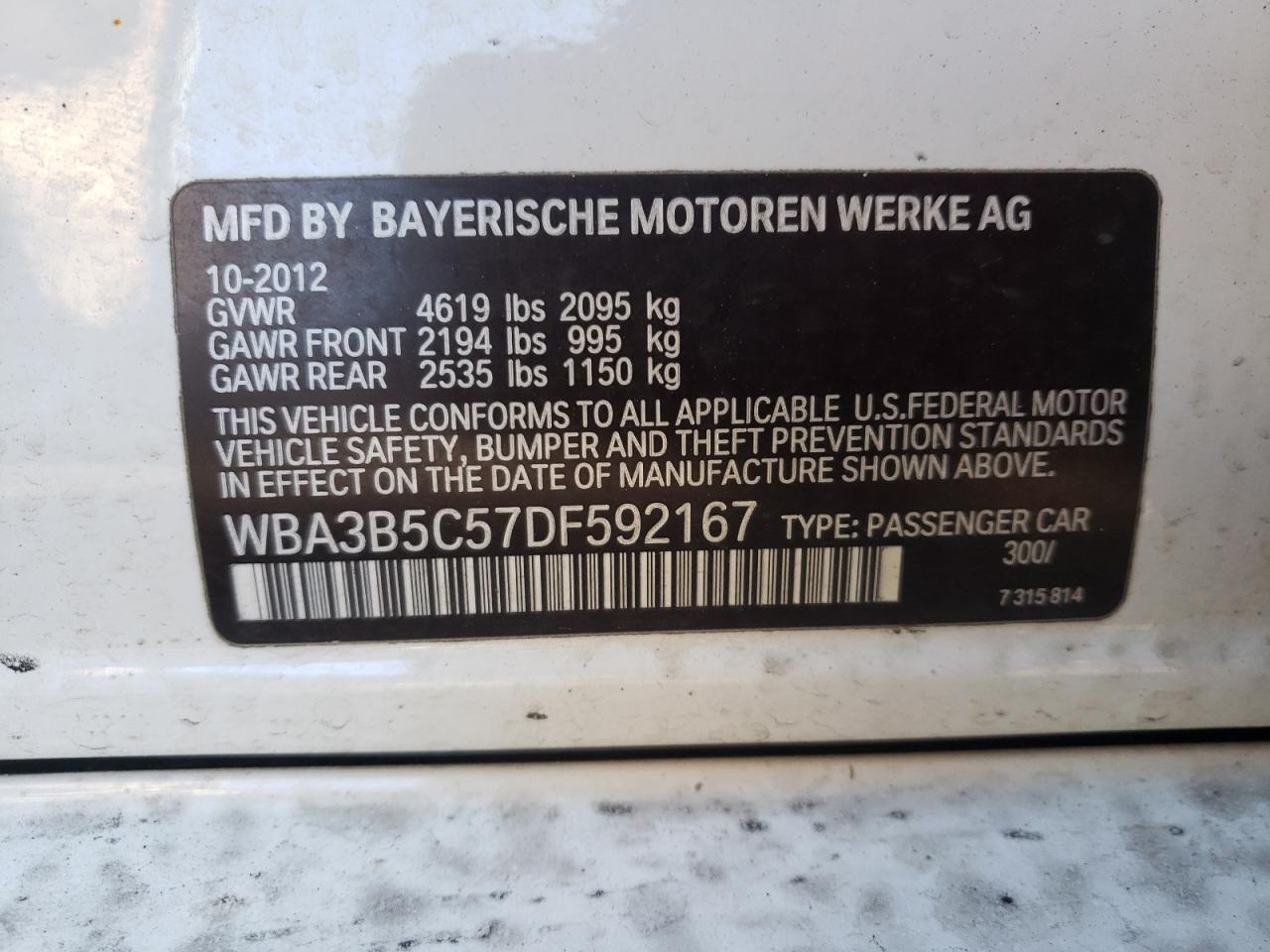 Zdjęcie 10 z aukcji – 2013 BMW 3 SERIES z VIN WBA3B5C57DF592167