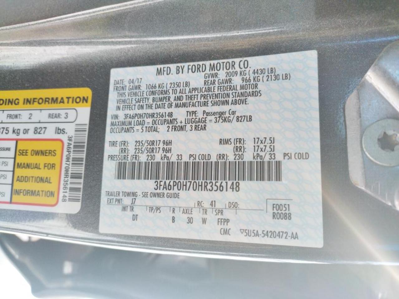 Photo 10 from auction – 2017 FORD FUSION SE with VIN 3FA6P0H70HR356148