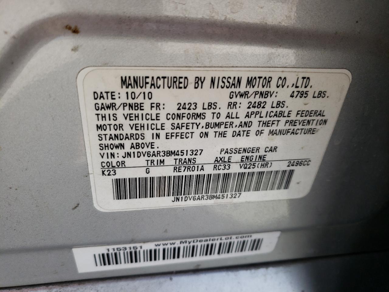 Photo 10 from auction – 2011 INFINITI G25 with VIN JN1DV6AR3BM451327