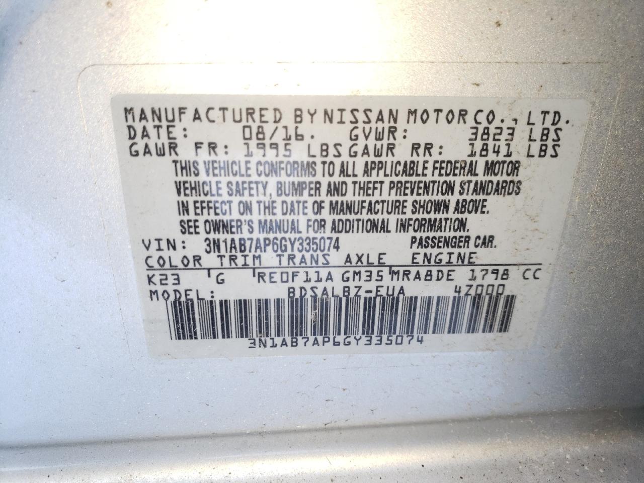 Photo 10 from auction – 2016 NISSAN SENTRA S with VIN 3N1AB7AP6GY335074