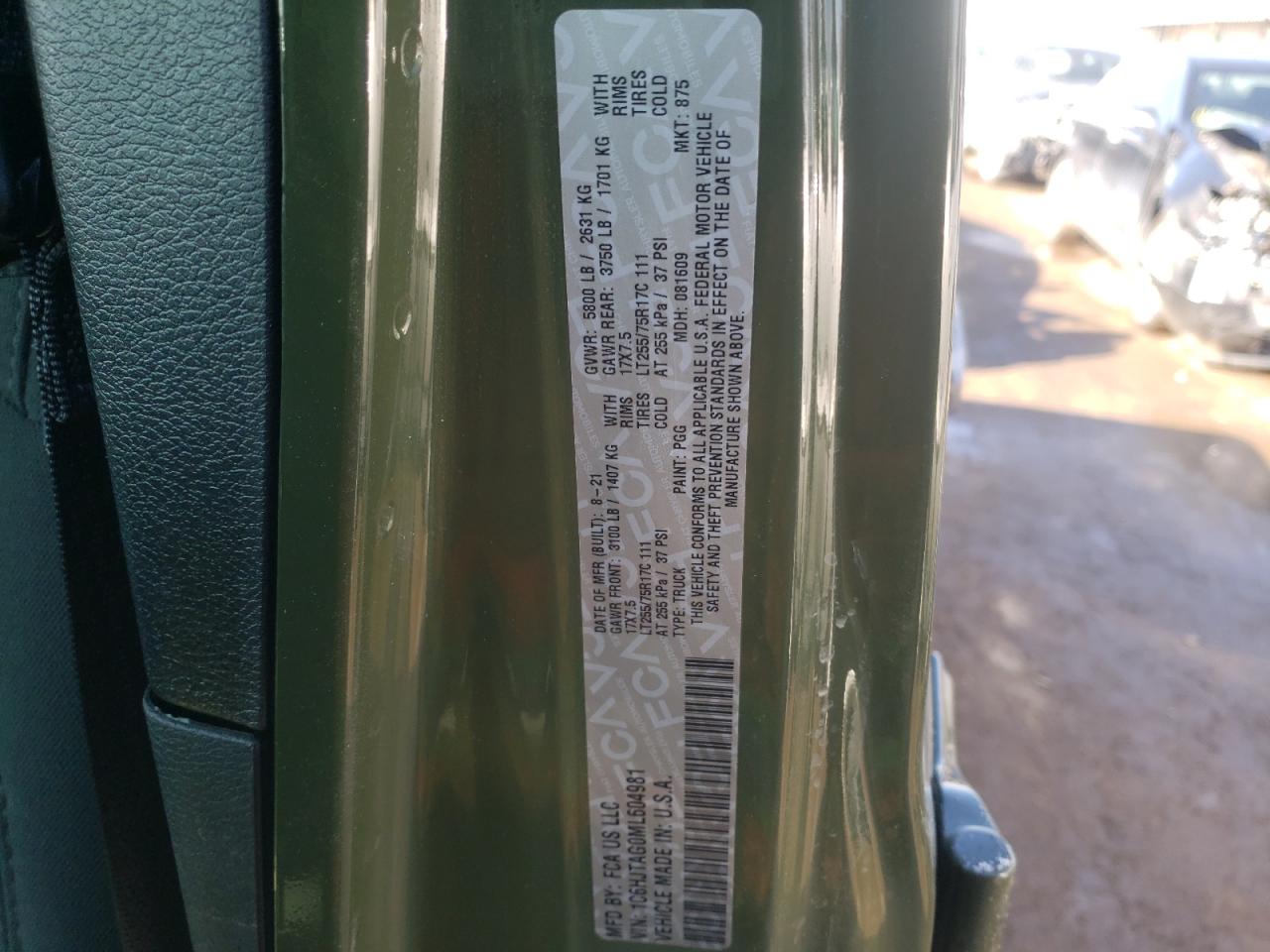 Photo 10 from auction – 2021 JEEP GLADIATOR with VIN 1C6HJTAG0ML604981