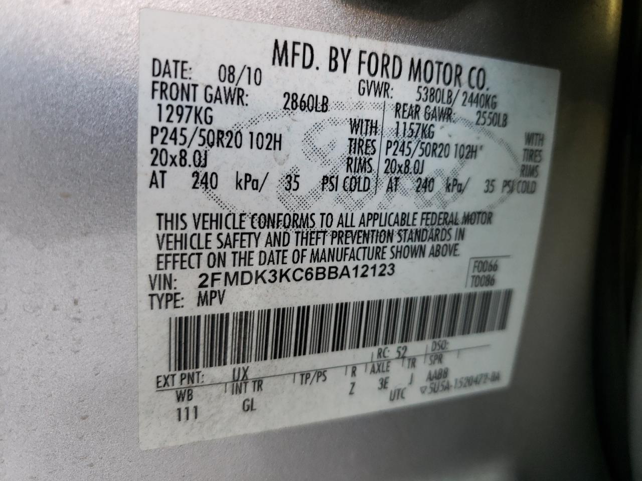 Photo 10 from auction – 2011 FORD EDGE LIMIT with VIN 2FMDK3KC6BBA12123