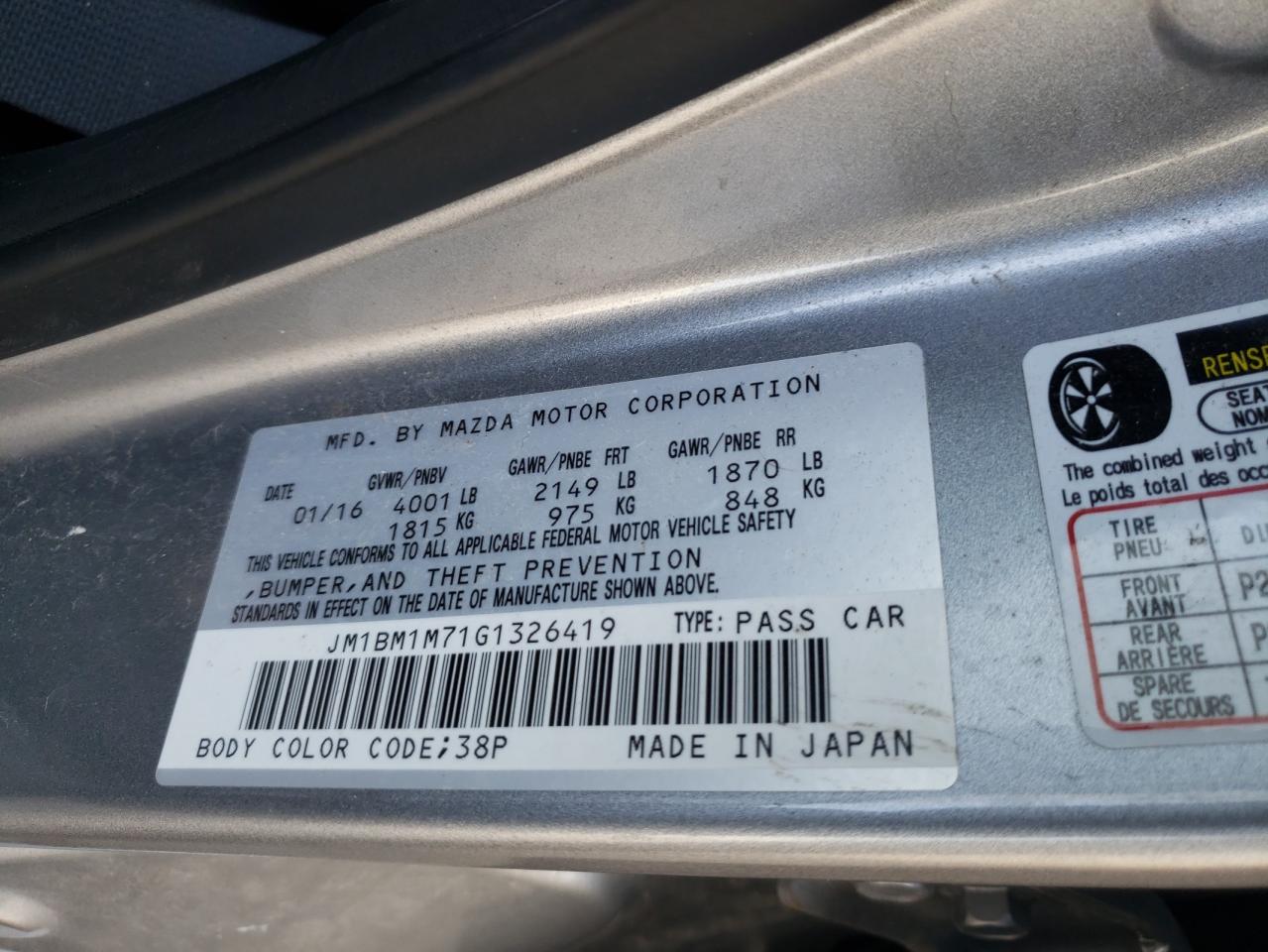 Photo 10 from auction – 2016 MAZDA 3 TOURING with VIN JM1BM1M71G1326419