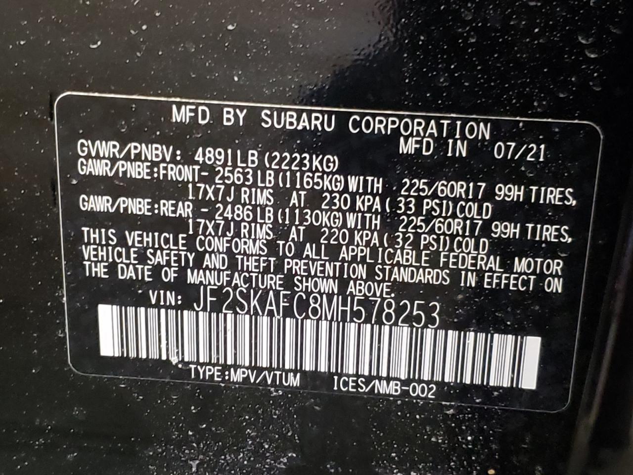 Photo 10 from auction – 2021 SUBARU FORESTER P with VIN JF2SKAFC8MH578253