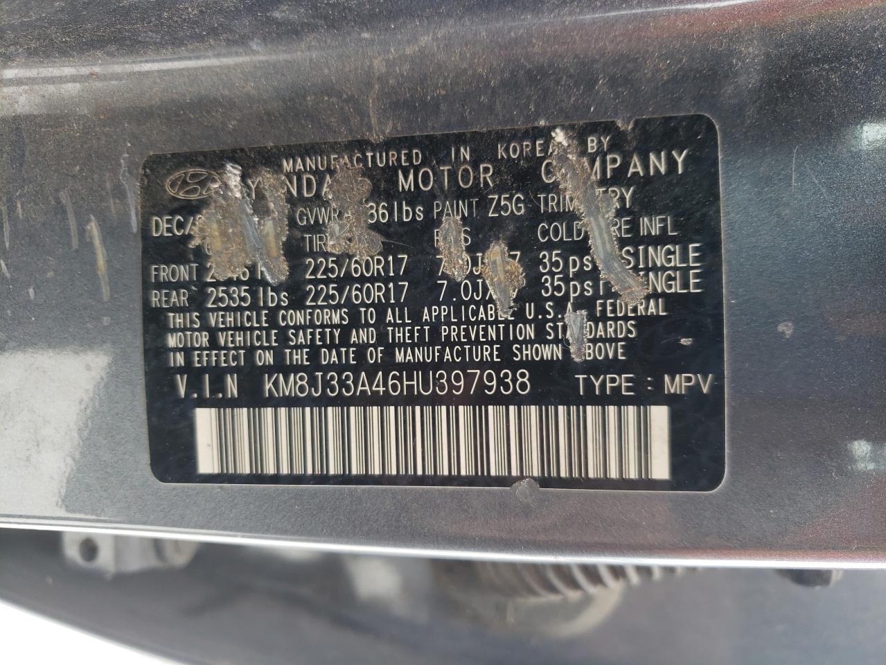 Photo 10 from auction – 2017 HYUNDAI TUCSON LIM with VIN KM8J33A46HU397938