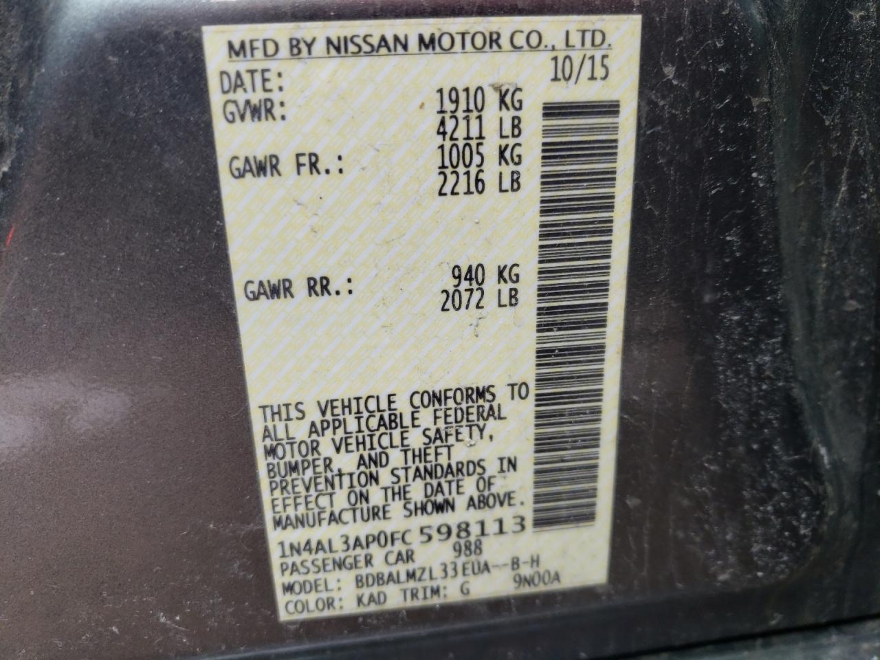 Photo 10 from auction – 2015 NISSAN ALTIMA 2.5 with VIN 1N4AL3AP0FC598113