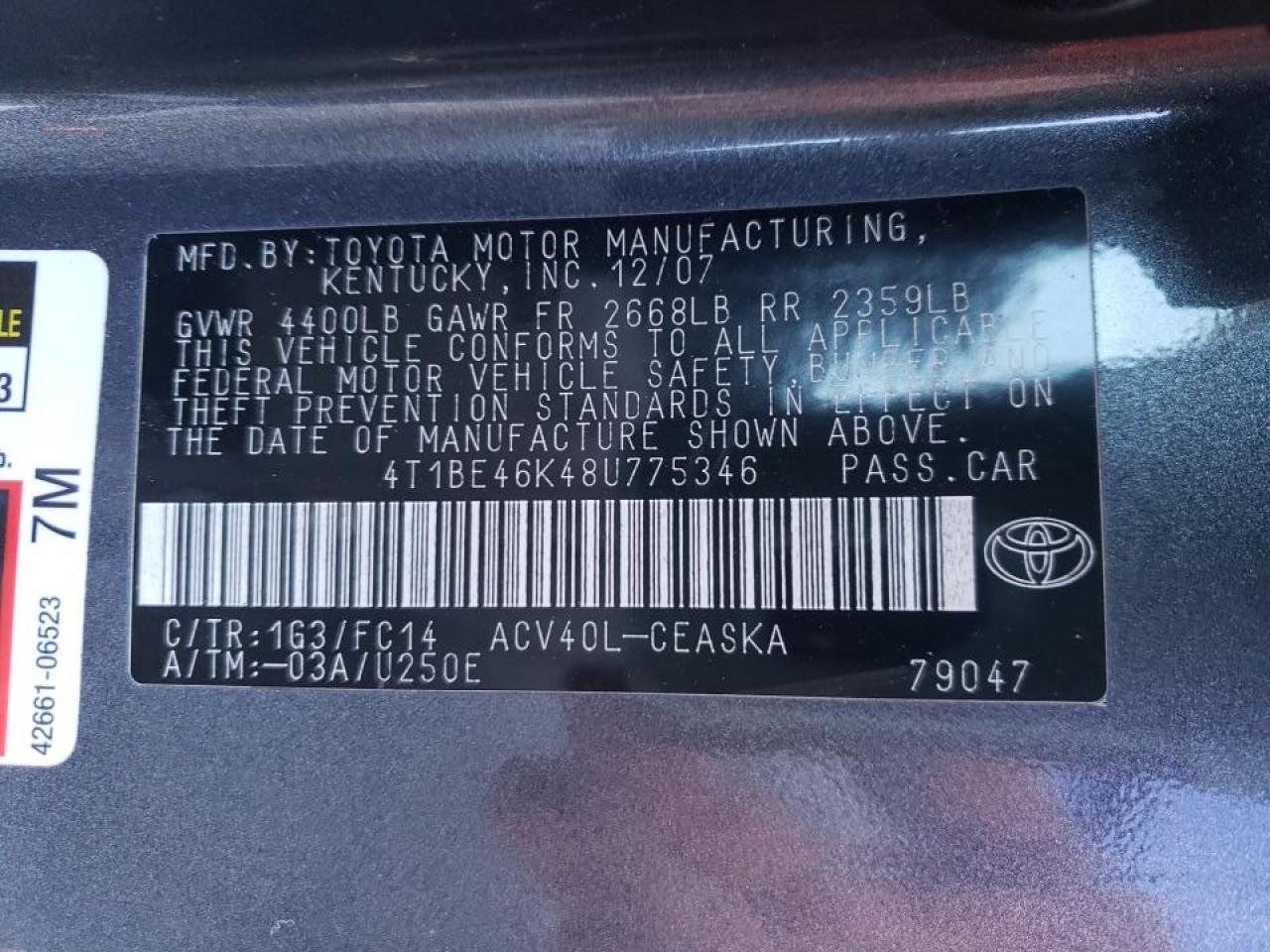 Photo 10 from auction – 2008 TOYOTA CAMRY CE with VIN 4T1BE46K48U775346