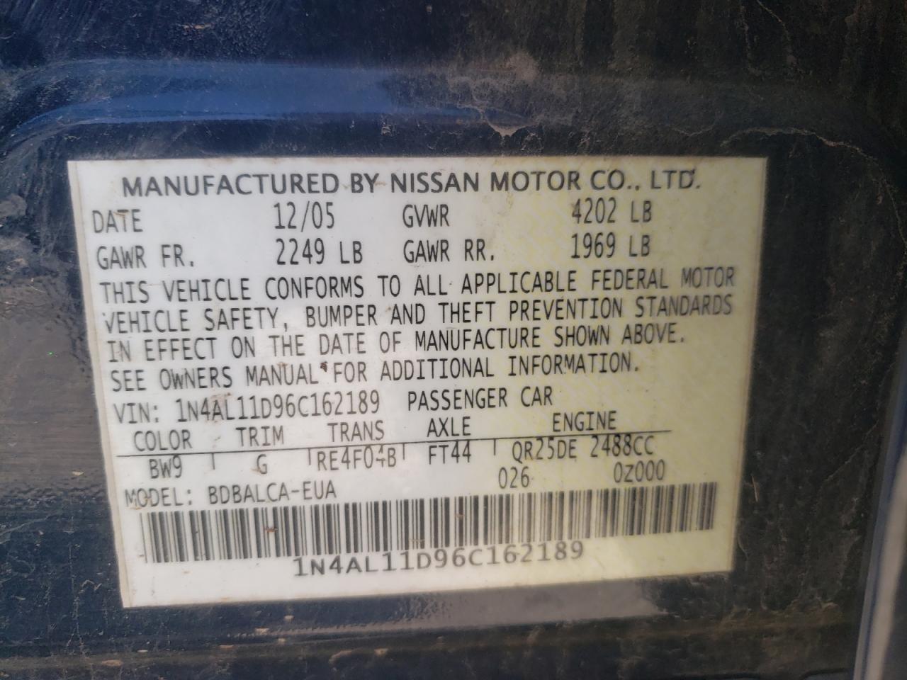 Photo 10 from auction – 2005 NISSAN ALTIMA S with VIN 1N4AL11D96C162189