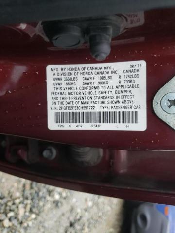 Photo 10 from auction – 2012 HONDA CIVIC LX with VIN 2HGFB2F53CH591722