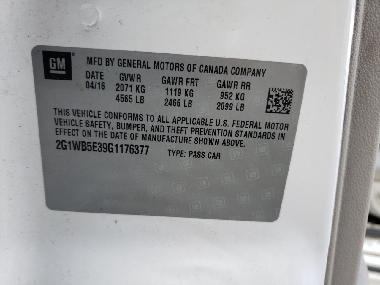 Photo 10 from auction – 2016 CHEVROLET IMPALA LT with VIN 2G1WB5E39G1176377