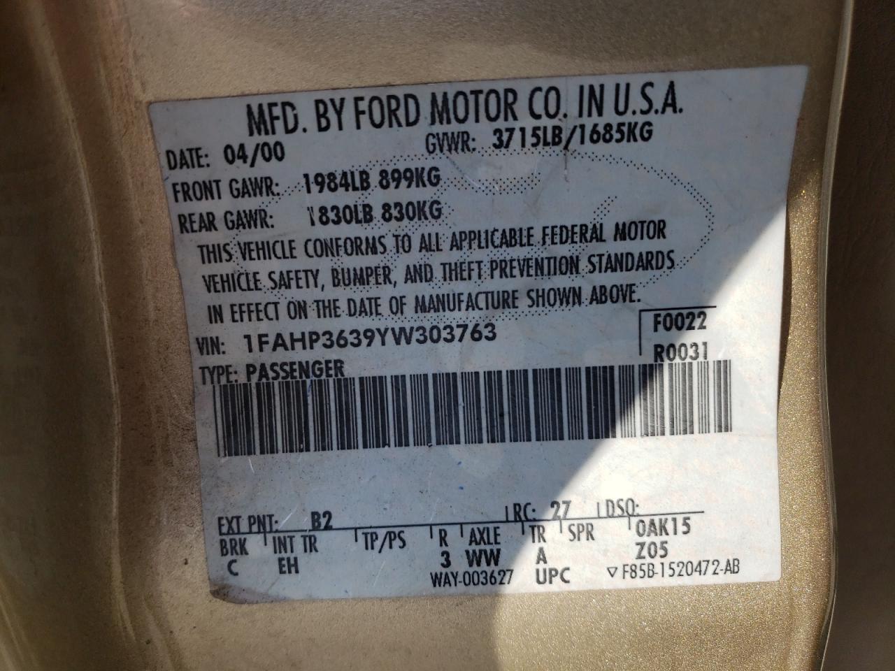 Photo 10 from auction – 2000 FORD FOCUS with VIN 1FAHP3639YW303763