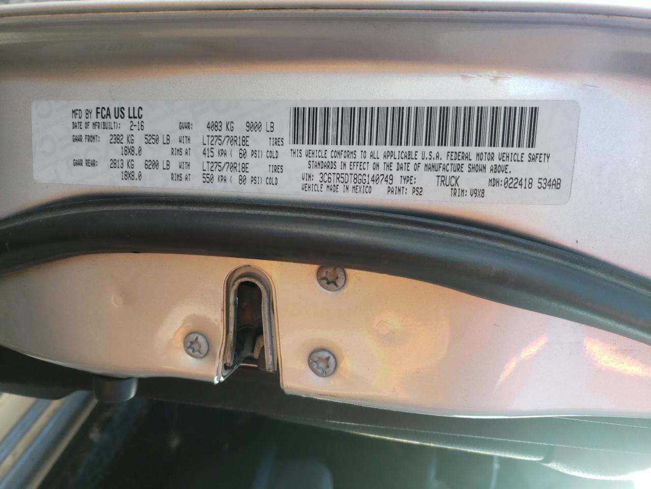 Photo 10 from auction – 2016 RAM 2500 SLT with VIN 3C6TR5DT8GG140749
