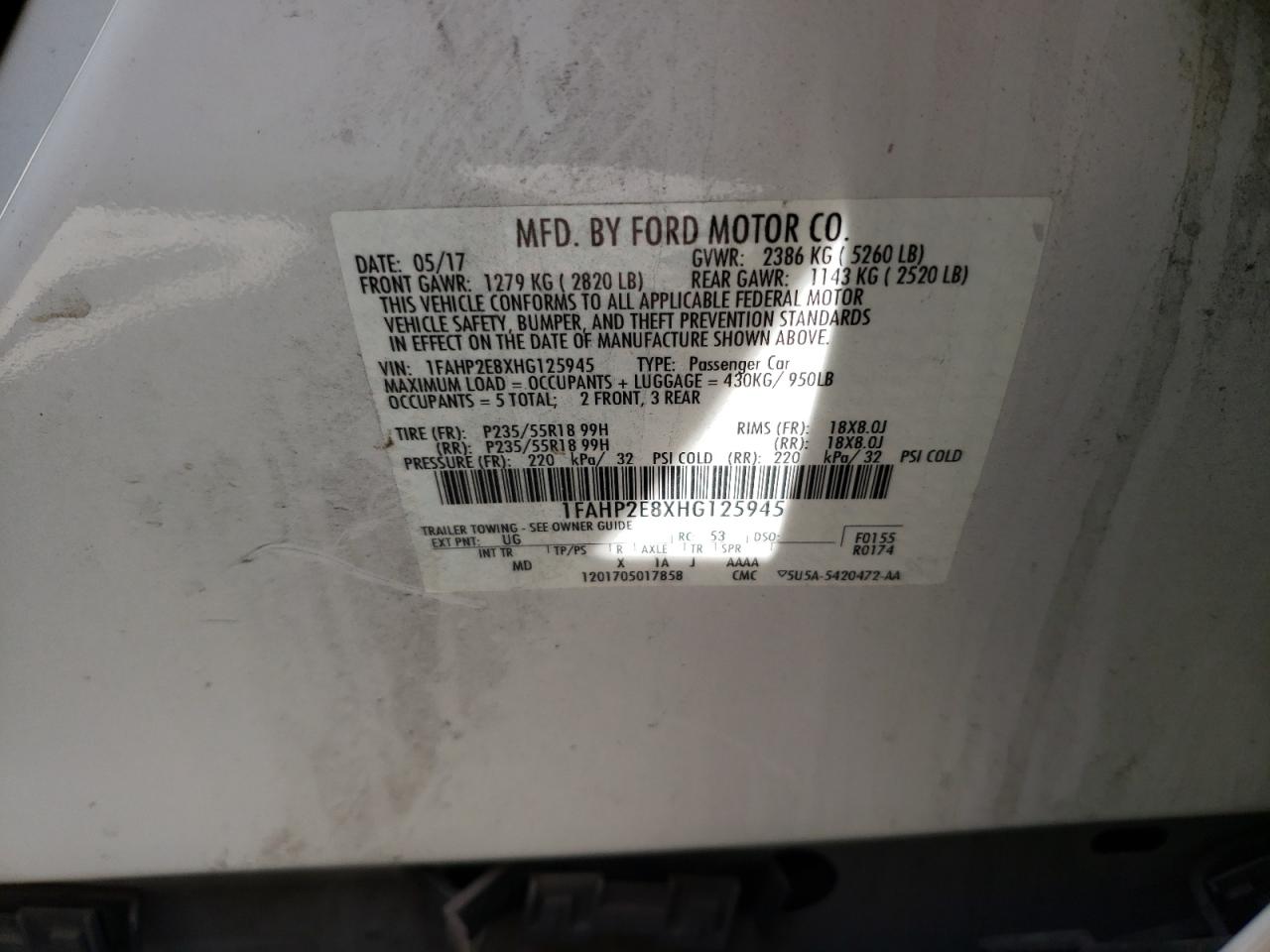 Photo 10 from auction – 2017 FORD TAURUS SEL with VIN 1FAHP2E8XHG125945