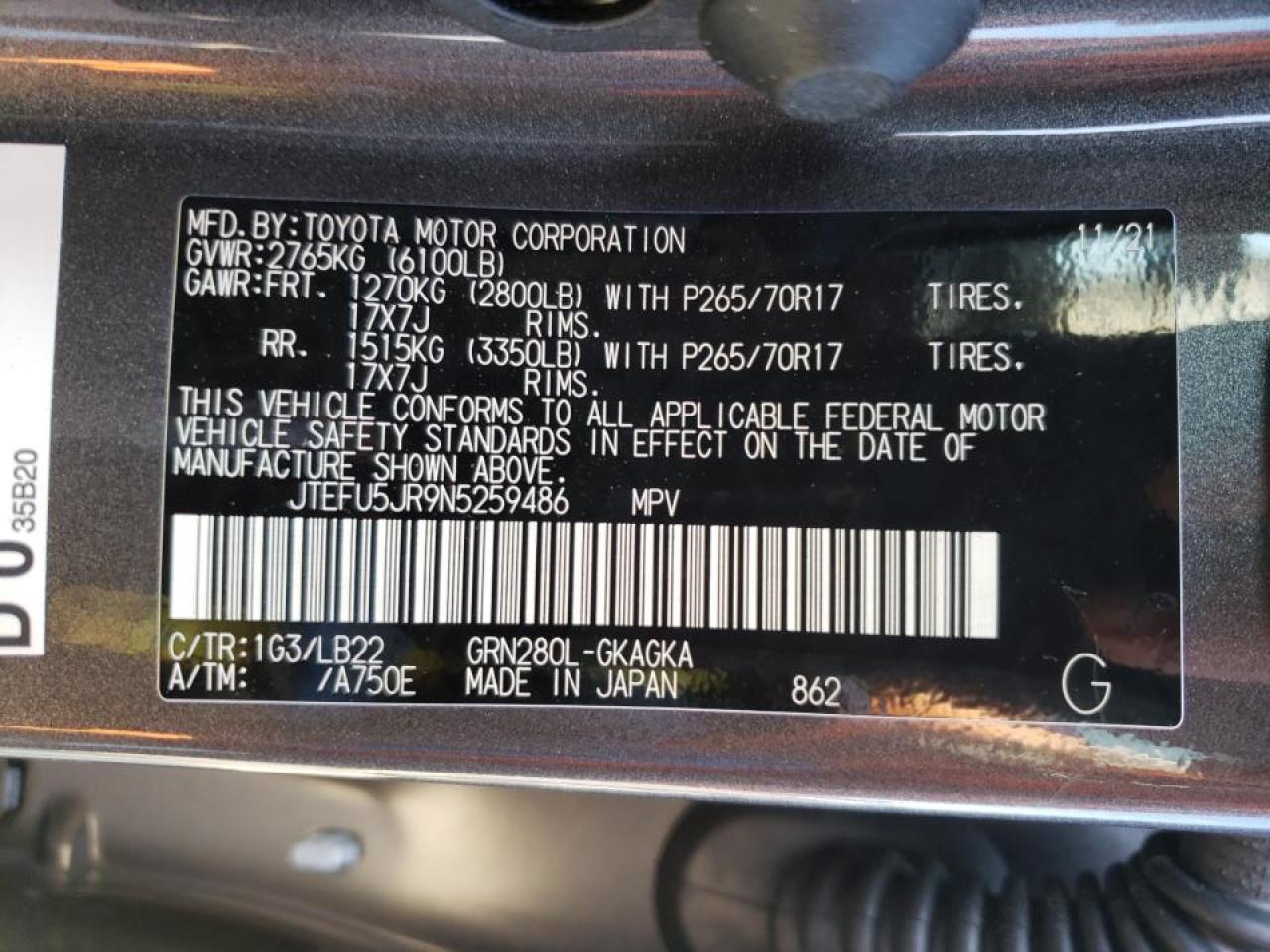 Photo 10 from auction – 2022 TOYOTA 4RUNNER SR with VIN JTEFU5JR9N5259486