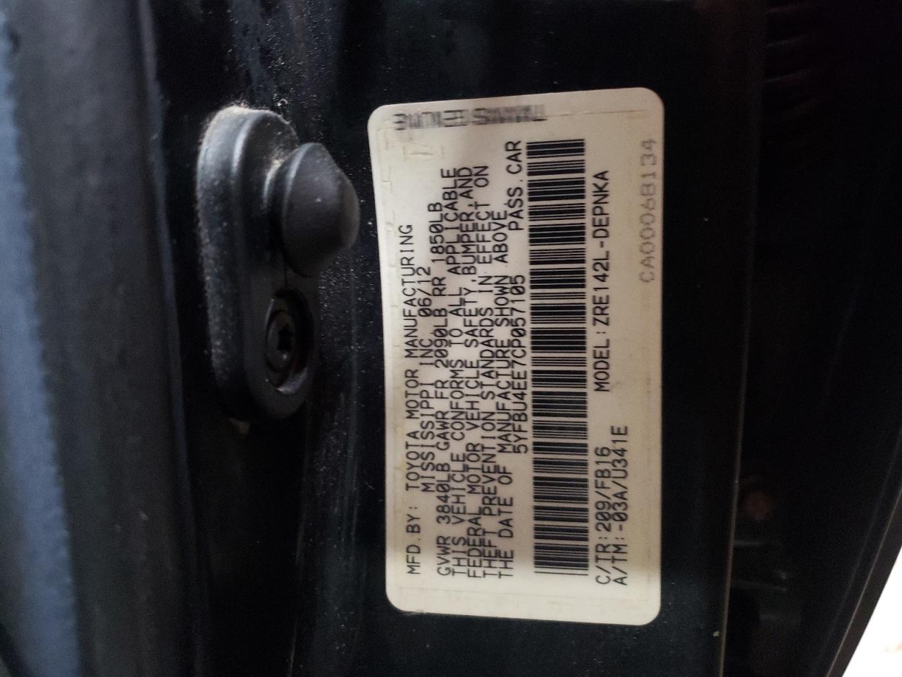 Photo 10 from auction – 2012 TOYOTA COROLLA BA with VIN 5YFBU4EE7CP057105