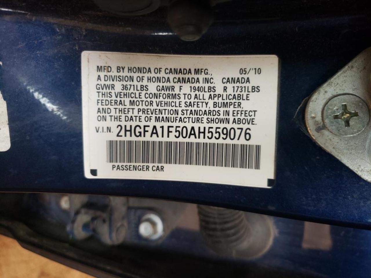 Photo 10 from auction – 2010 HONDA CIVIC LX with VIN 2HGFA1F50AH559076