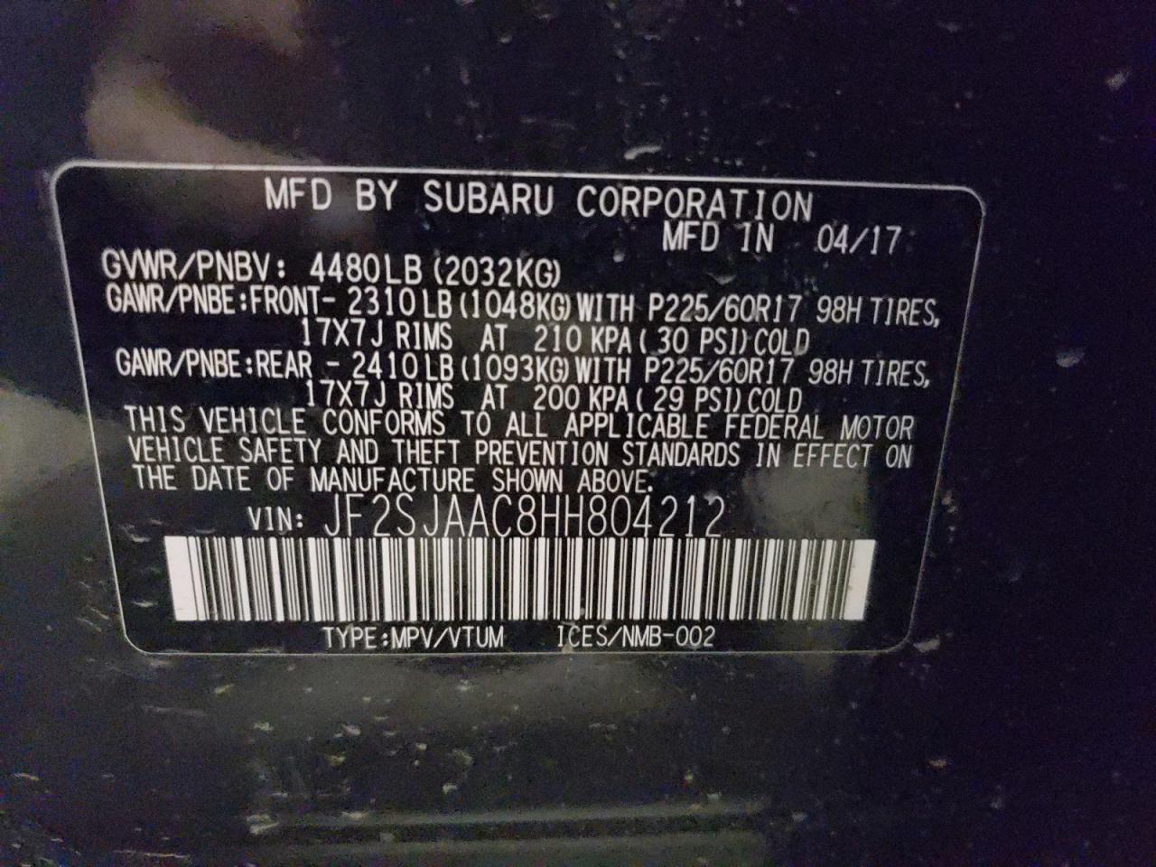 Photo 10 from auction – 2017 SUBARU FORESTER 2 with VIN JF2SJAAC8HH804212