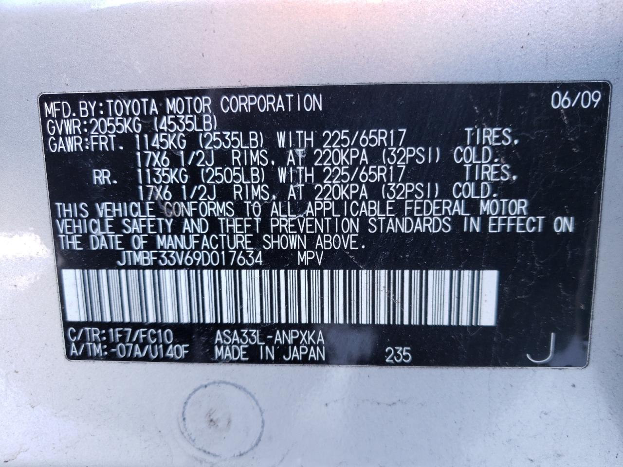 Photo 10 from auction – 2009 TOYOTA RAV4 with VIN JTMBF33V69D017634