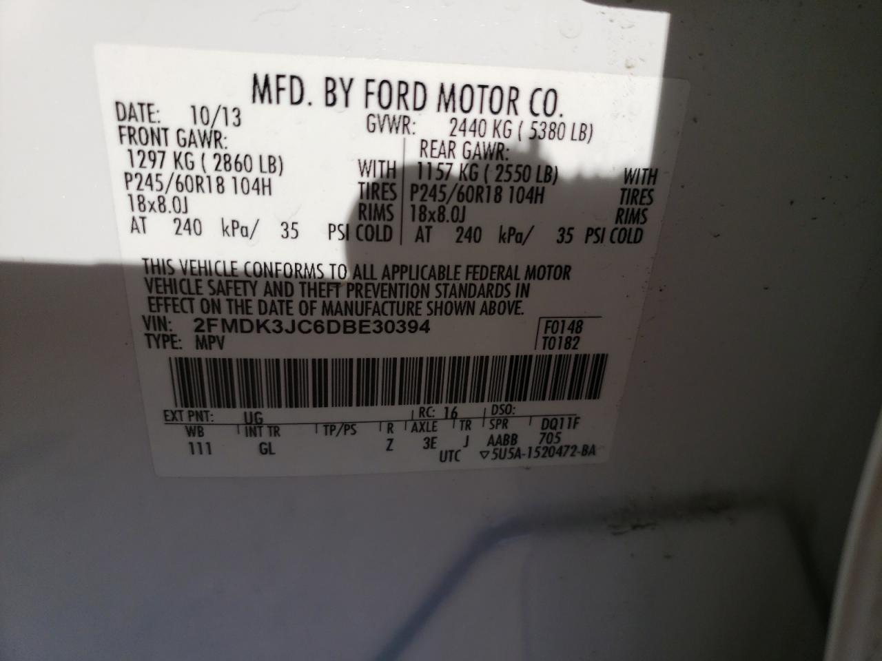 Photo 10 from auction – 2013 FORD EDGE SEL with VIN 2FMDK3JC6DBE30394