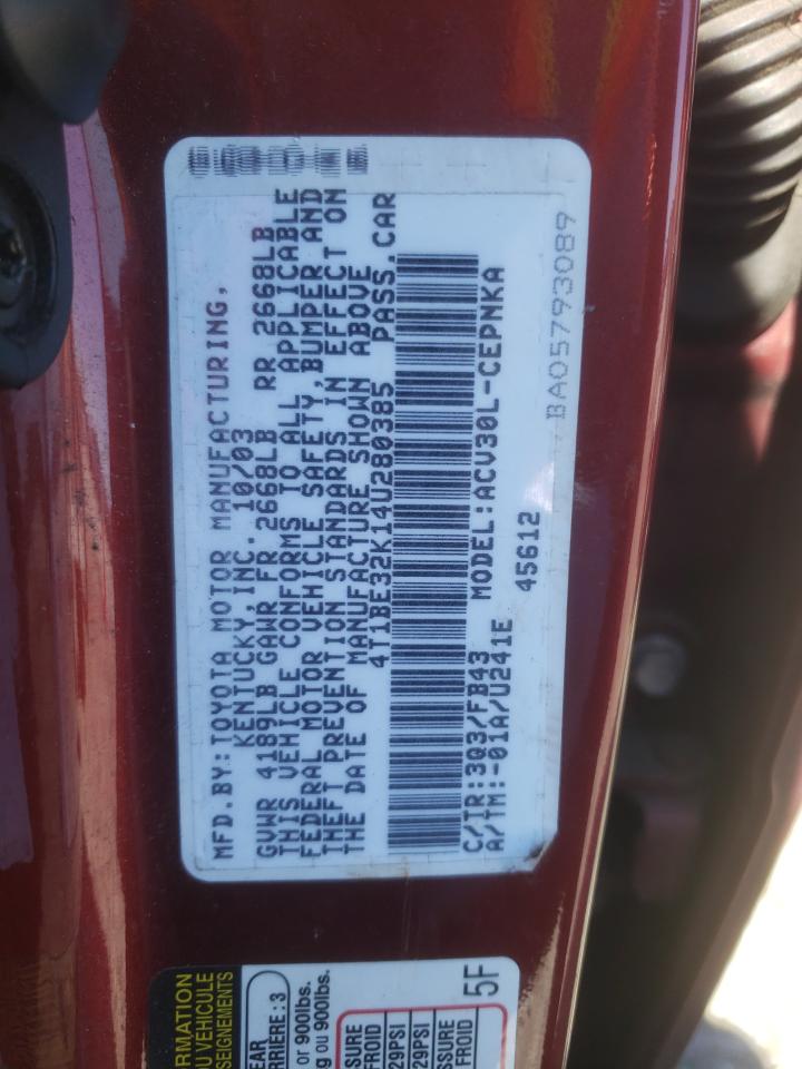 Photo 10 from auction – 2004 TOYOTA CAMRY LE with VIN 4T1BE32K14U280385