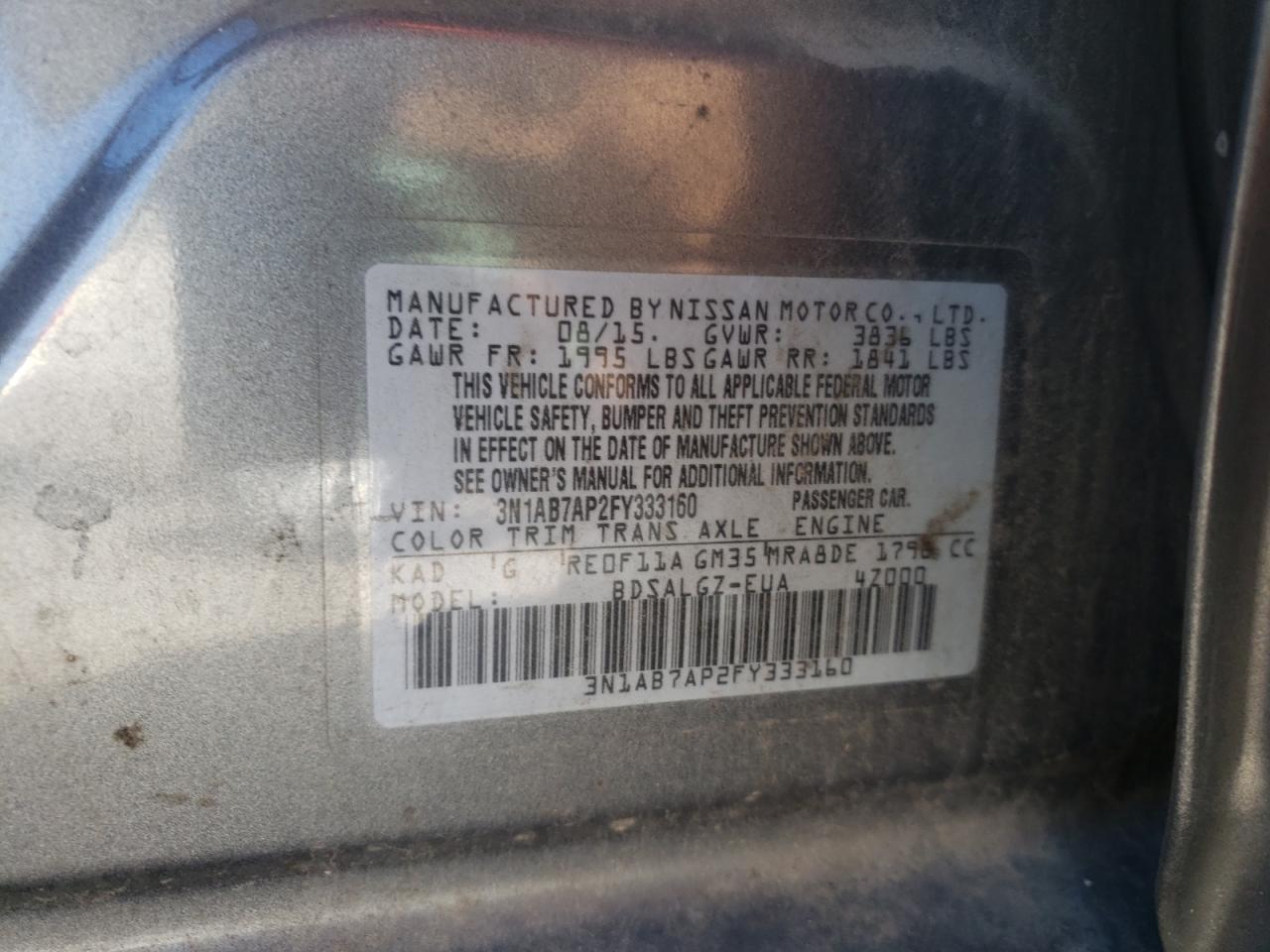 Photo 10 from auction – 2015 NISSAN SENTRA S with VIN 3N1AB7AP2FY333160
