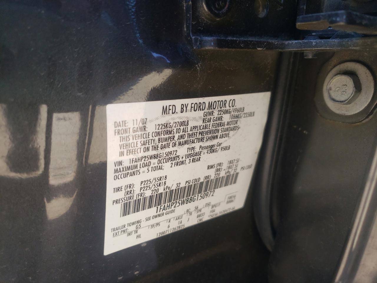 Photo 10 from auction – 2008 FORD TAURUS LIM with VIN 1FAHP25W88G150972