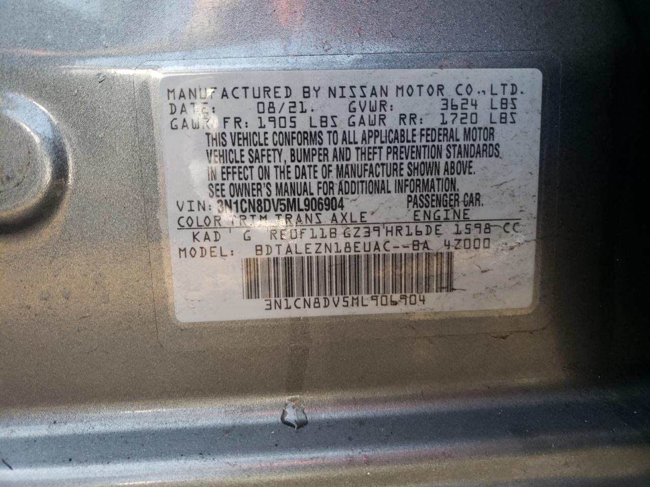 Photo 10 from auction – 2021 NISSAN VERSA S with VIN 3N1CN8DV5ML906904