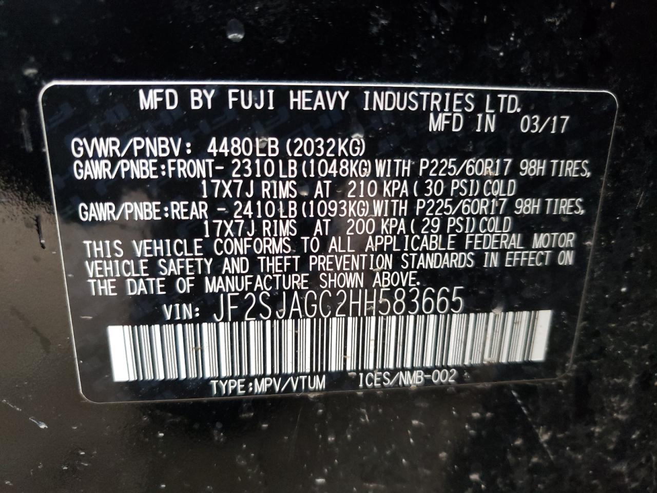 Photo 10 from auction – 2017 SUBARU FORESTER 2 with VIN JF2SJAGC2HH583665
