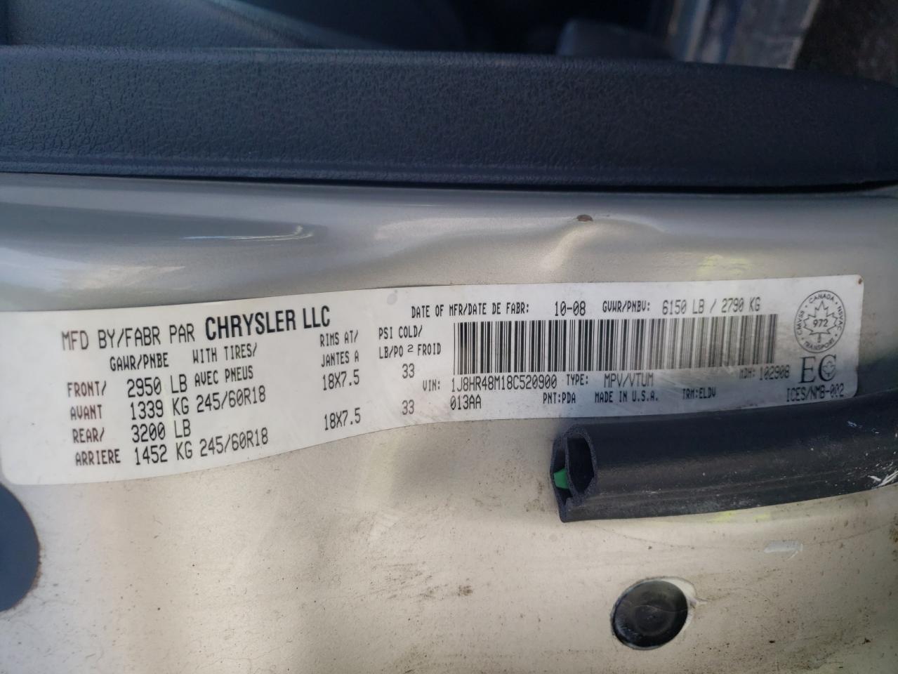 Photo 10 from auction – 2008 JEEP GRAND CHER with VIN 1J8HR48M18C520900