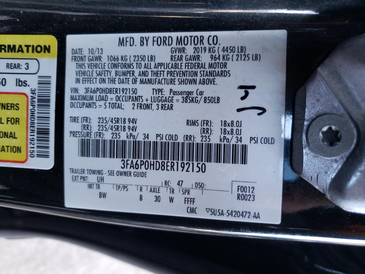 Photo 10 from auction – 2014 FORD FUSION SE with VIN 3FA6P0HD8ER192150