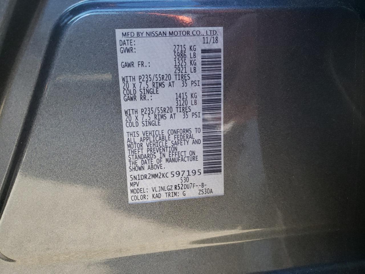 Photo 10 from auction – 2019 NISSAN PATHFINDER with VIN 5N1DR2MM2KC597195